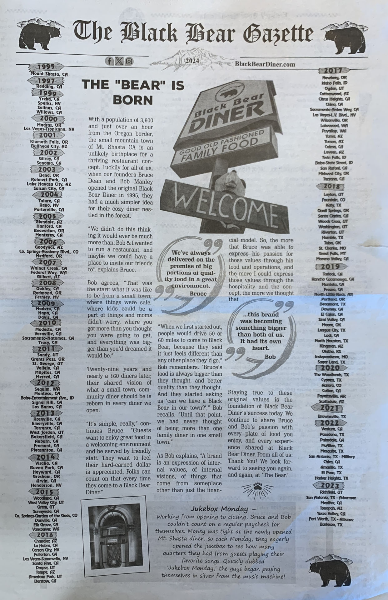A newspaper page titled “The Black Bear Gazette” highlights Black Bear Diner’s history with a timeline (1995–2023), a central article “THE ‘BEAR’ IS BORN,” three diner-themed images, and circular year markers on the right.