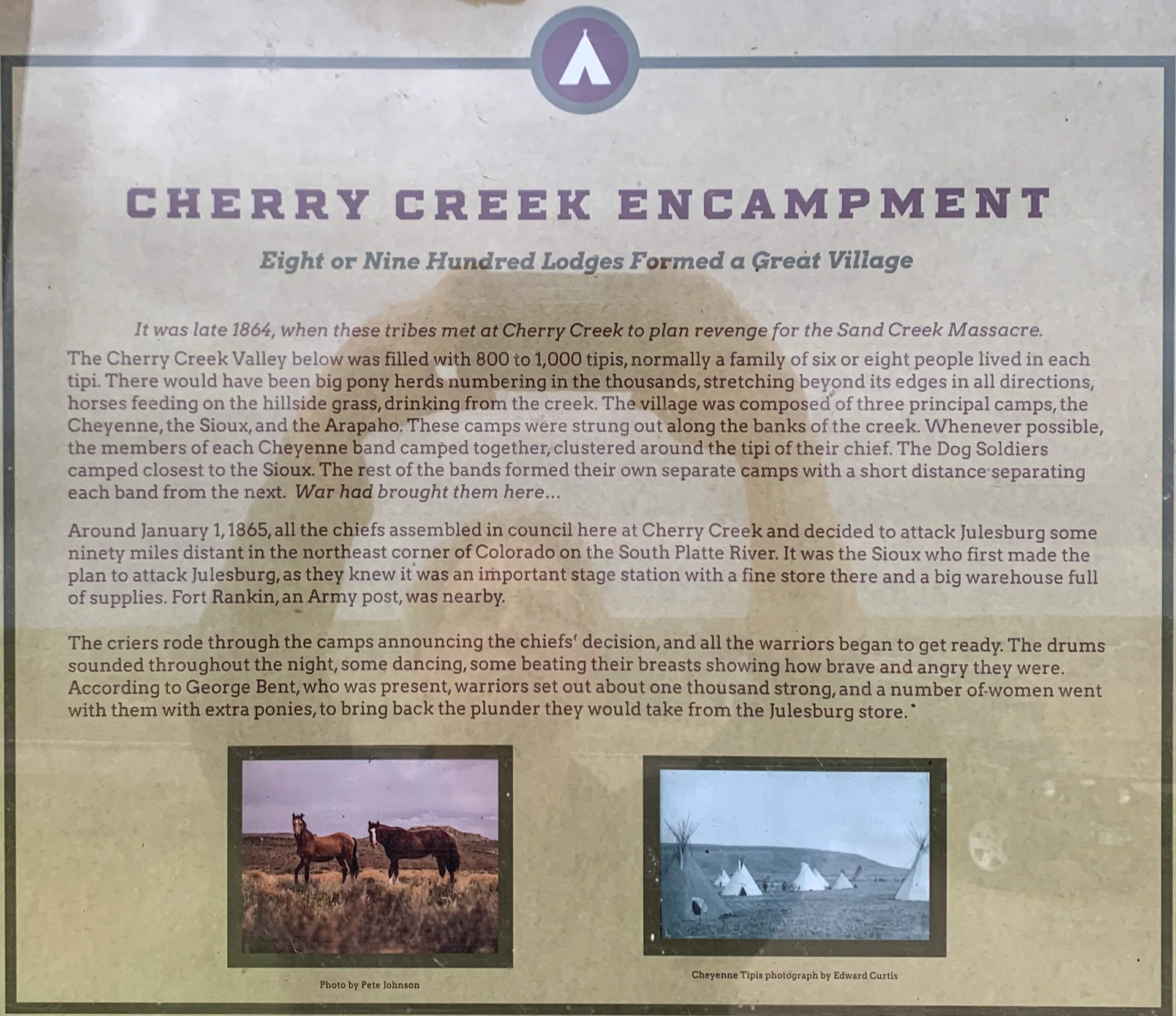 An informational poster detailing the Cherry Creek Encampment with text and two images of historical photos related to the Sand Creek Massacre.