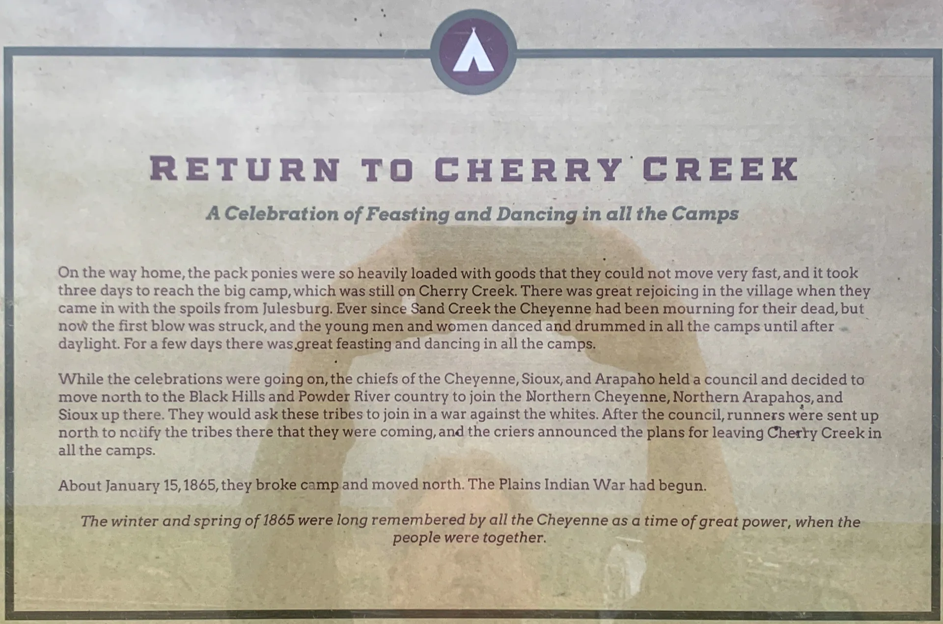 A document titled "Return to Cherry Creek" describes a celebration of feasting and dancing by the Cheyenne, Sioux, and Arapaho held in January 1865 before moving north as the Plains Indian War began.