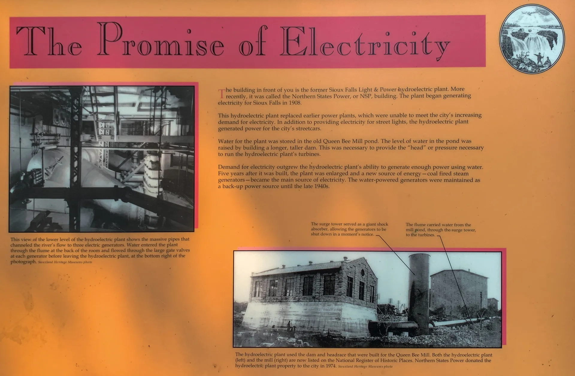 Informational sign titled "The Promise of Electricity" with historical photos and text detailing the transition of the former Sioux Falls Light & Power hydroelectric plant to providing power in Falls Park, SD.