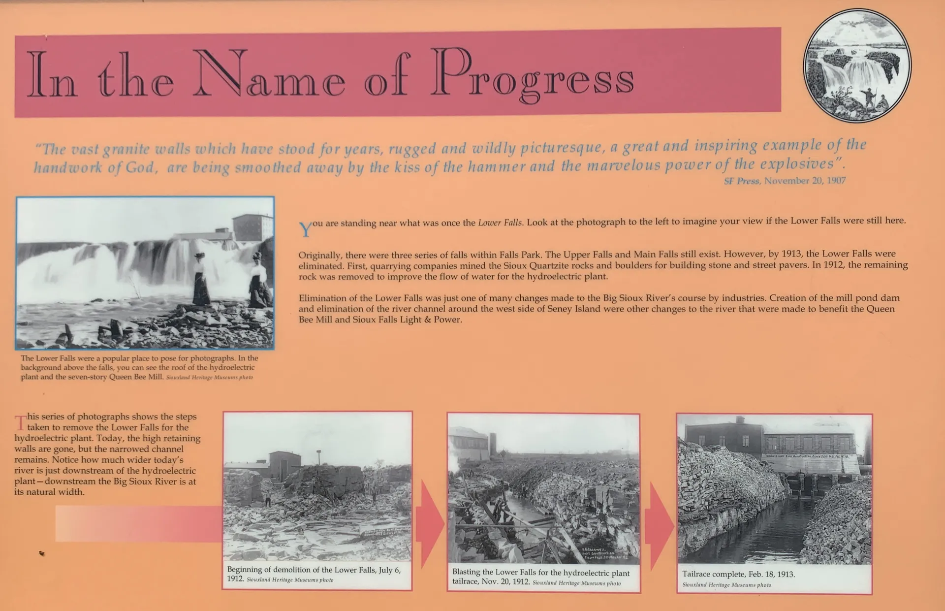 Informational display about the transformation of Niagara Falls, showing historical changes from 1931 to 1950 with images of construction and demolition, reminiscent of the evolution seen in Falls Park, SD.