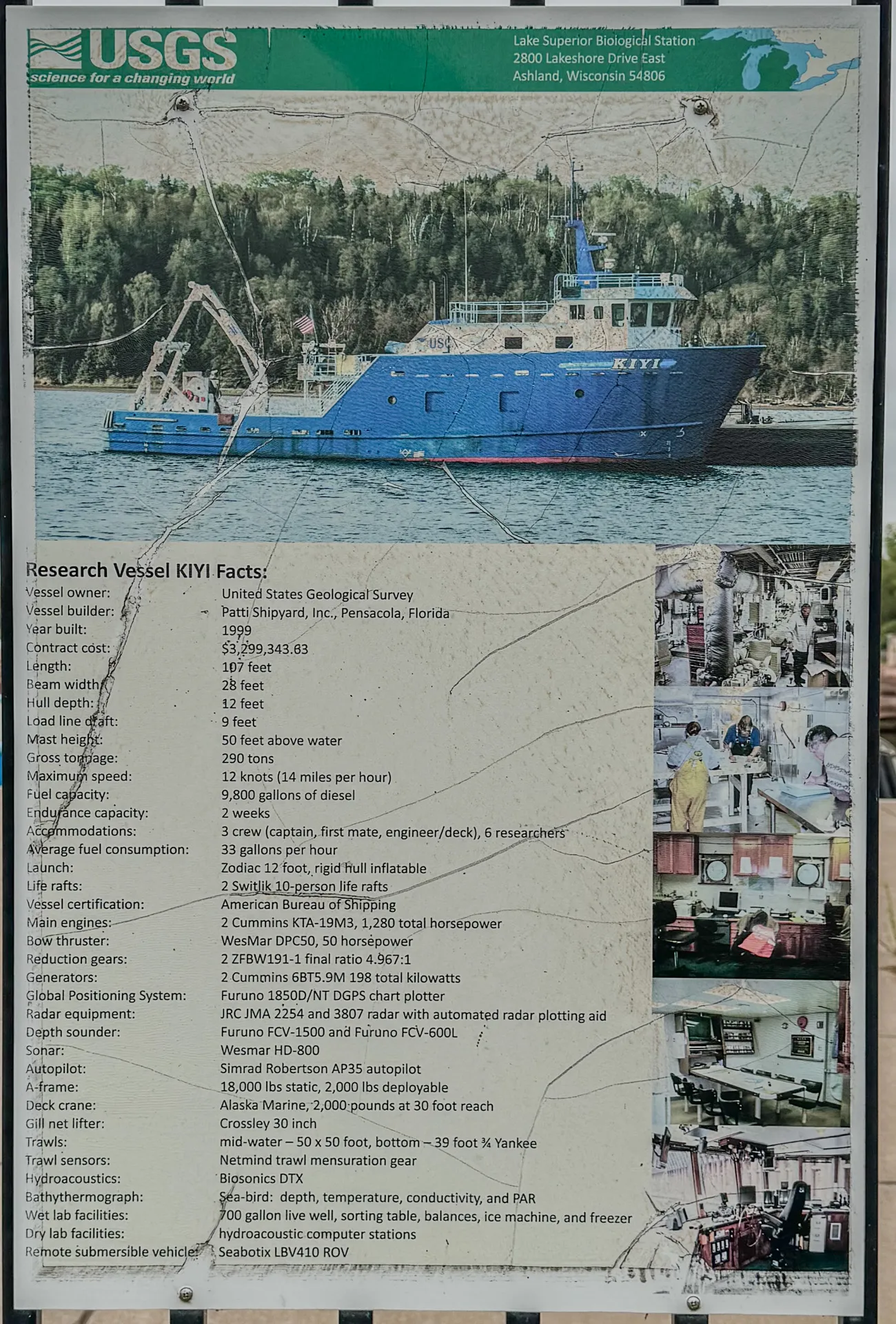 Image of an information board detailing facts about the Research Vessel KIYI, including its specifications, capabilities, features, and onboard equipment at Kreher RV Park in Ashland Wisconsin, accompanied by several photos of the vessel and its interior.