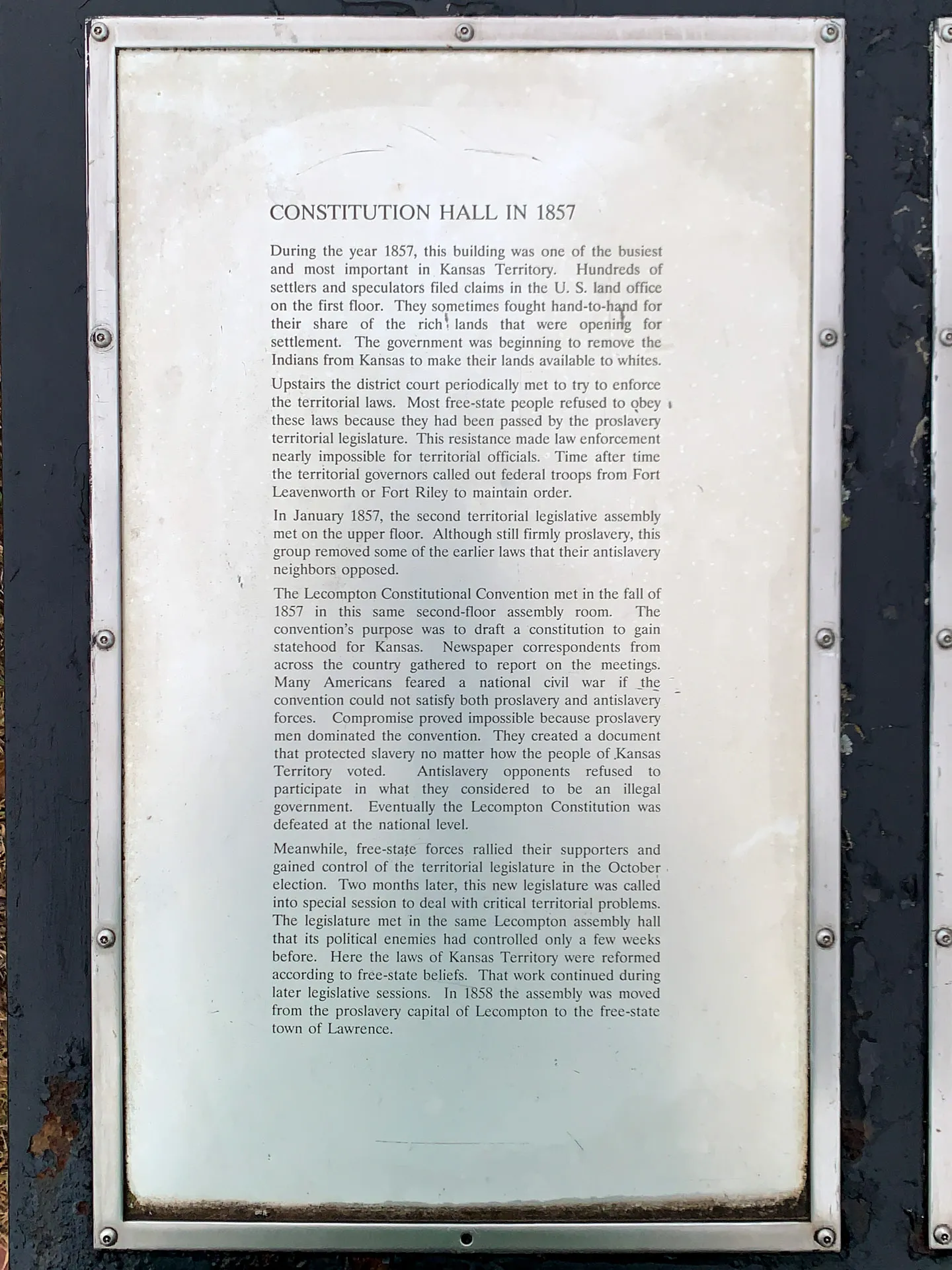 Historical plaque detailing events at Constitution Hall in 1857, discussing Kansas Territory settlement, free-state settlers, and the Lecompton Constitutional Convention.
