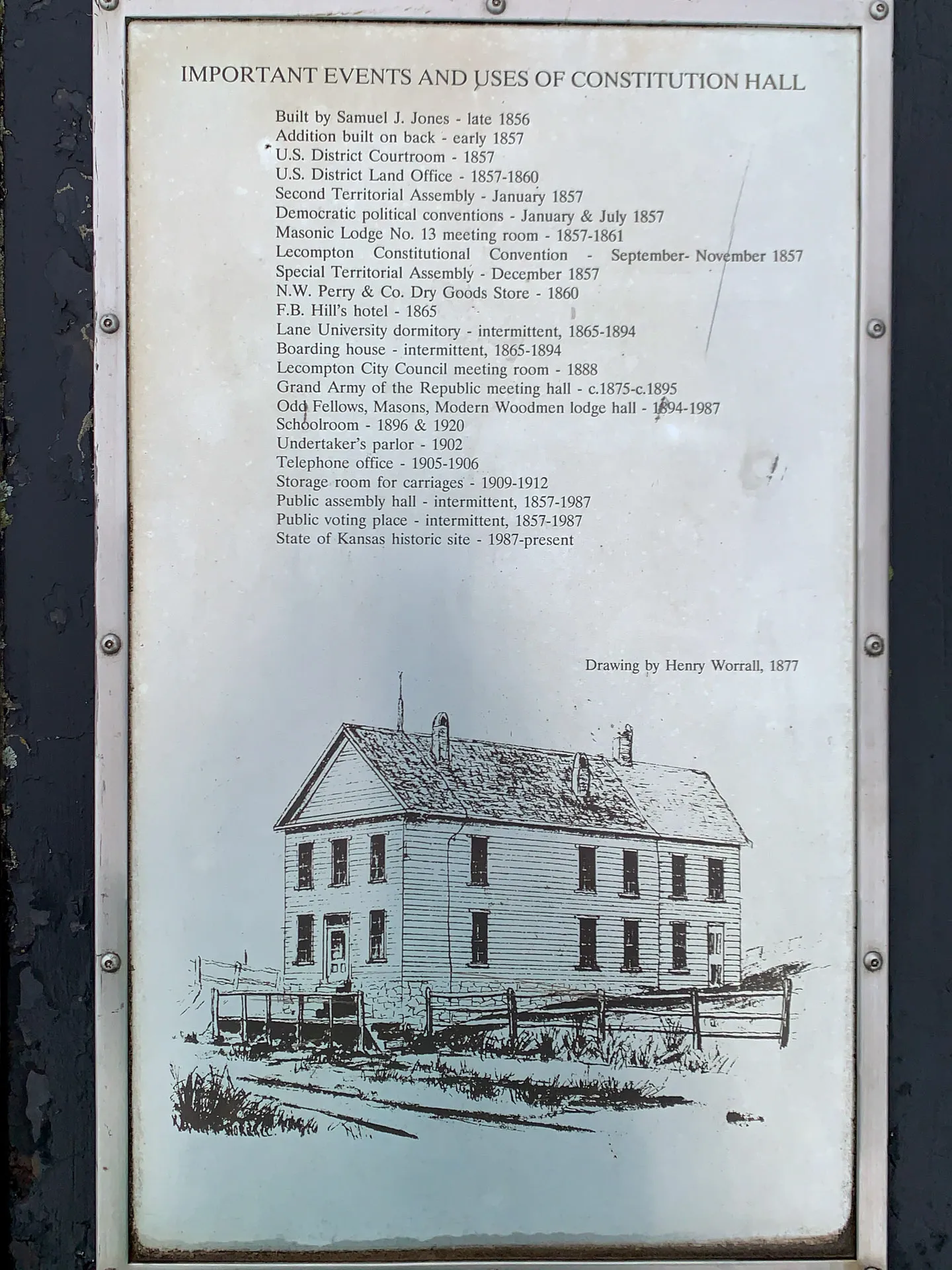 Plaque detailing historical events and uses of Constitution Hall with an illustration of the building, drawn by Henry Worrall in 1877.