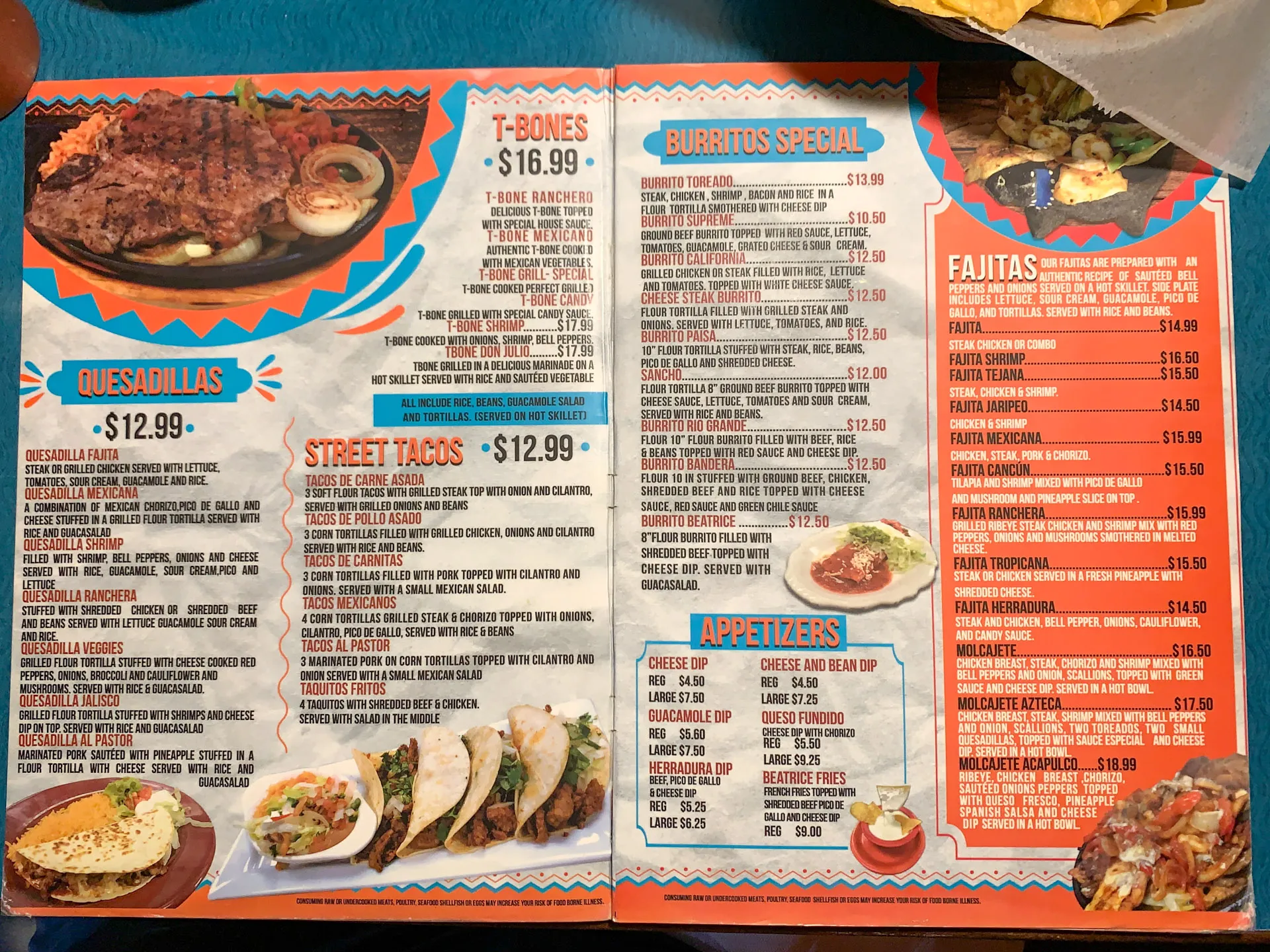 A colorful Mexican restaurant menu with sections for quesadillas, street tacos, T-bones, burritos, fajitas, and appetizers. Each section lists various dishes with prices, such as T-bones for $16.99 and quesadillas for $12.99, alongside vibrant images of tacos and a plated dish.