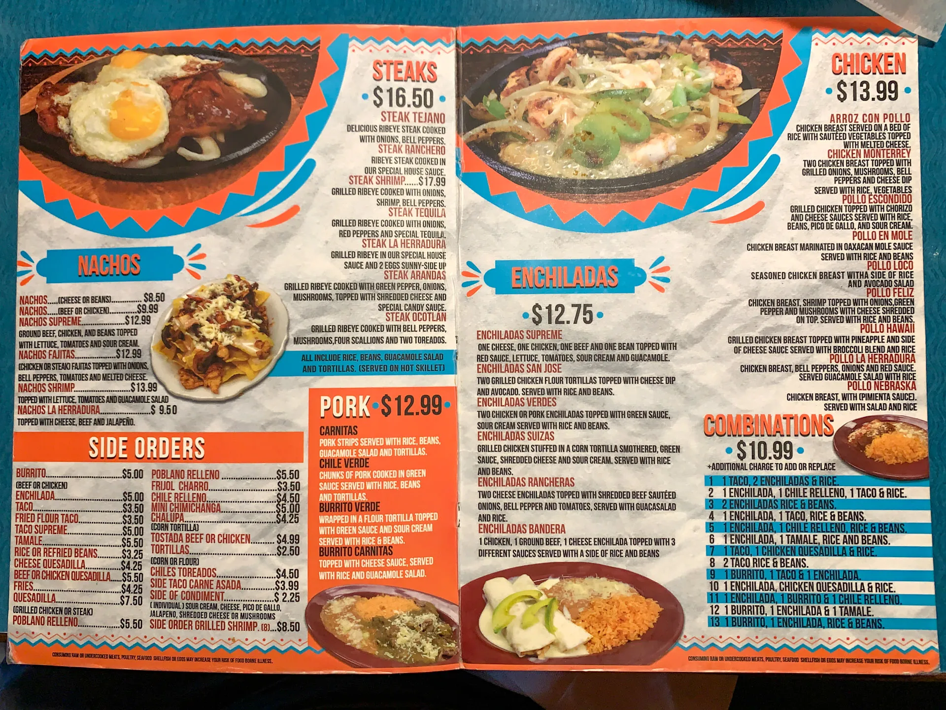 A colorful Mexican restaurant menu featuring sections for steaks, chicken, nachos, enchiladas, pork, combinations, and side orders. Prices and dish descriptions are provided, with vibrant graphics and decorative borders enhancing the visual appeal.