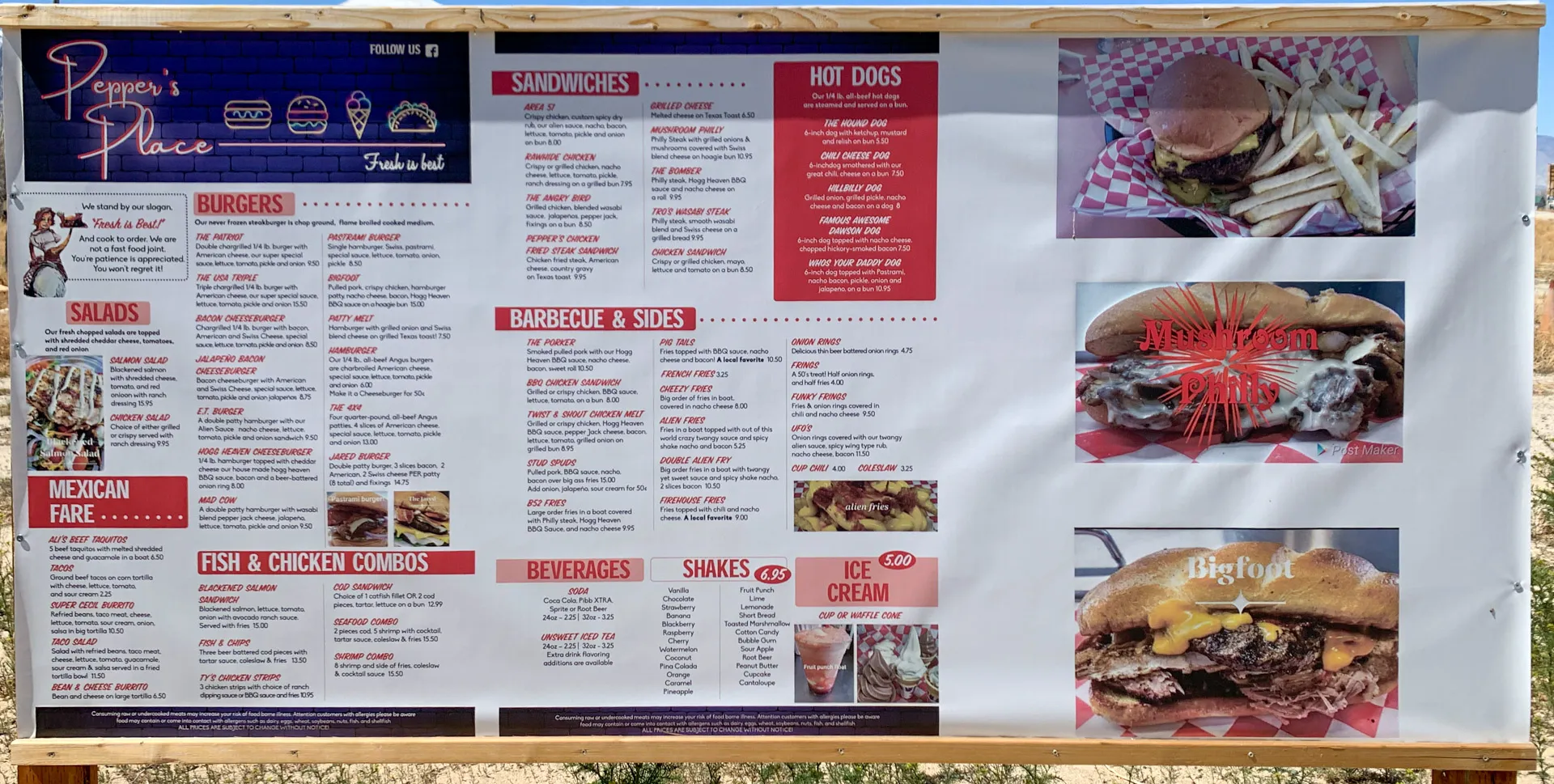 Menu board with sections for burgers, salads, Mexican fare, fish & chicken combos, sandwiches, barbecue & sides, hot dogs, beverages, shakes, and ice cream. Features colorful images of burgers and key highlights like "Bigfoot" burger. Prices and options listed in red and blue text.