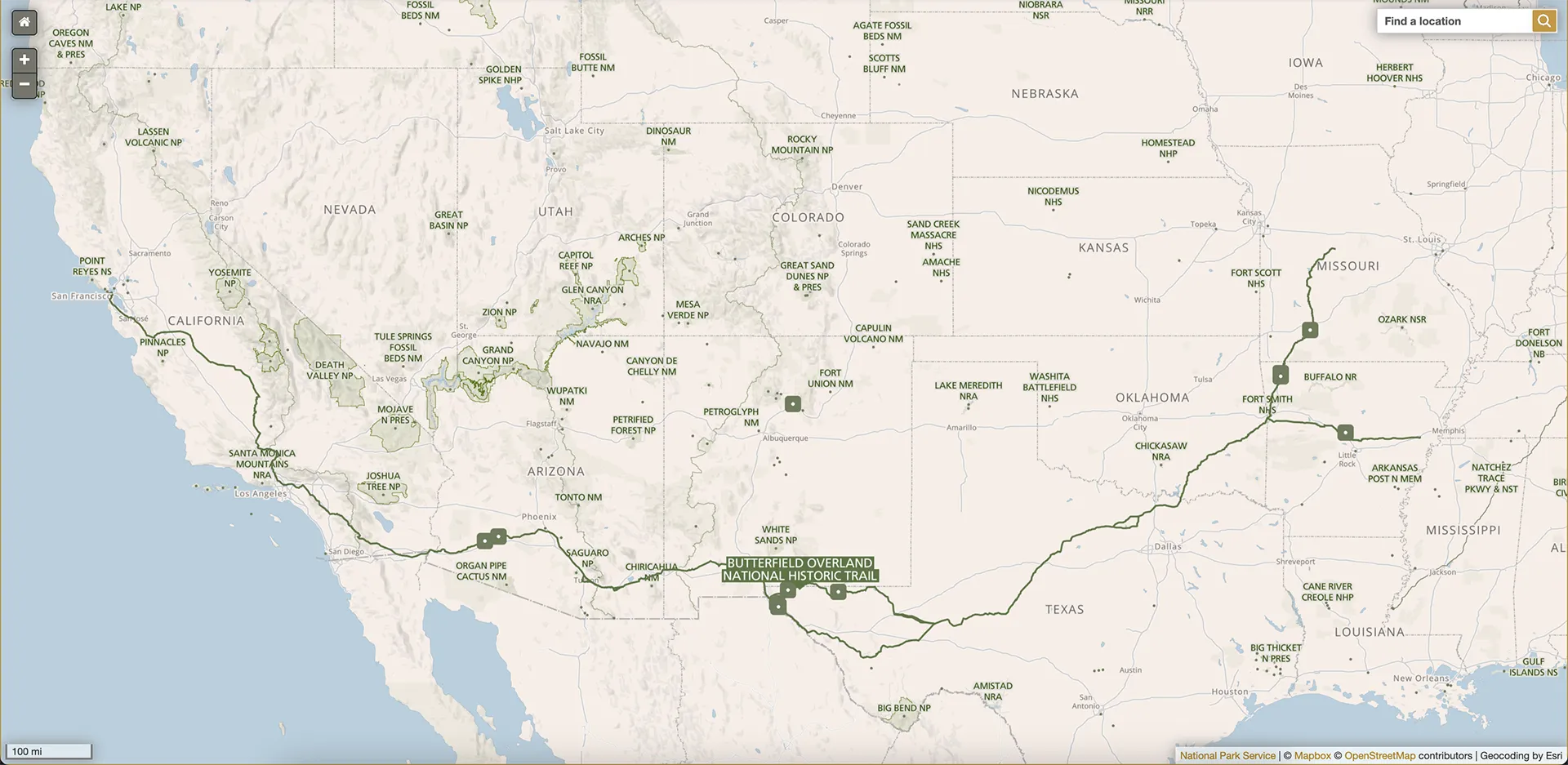 Map of the southern United States showing the Butterfield Overland National Historic Trail. The trail spans from New Mexico, through Colorado, Wyoming, Idaho, and Montana, with marked waypoints along the route. The map includes state borders, cities, and natural landmarks like rivers and mountains.