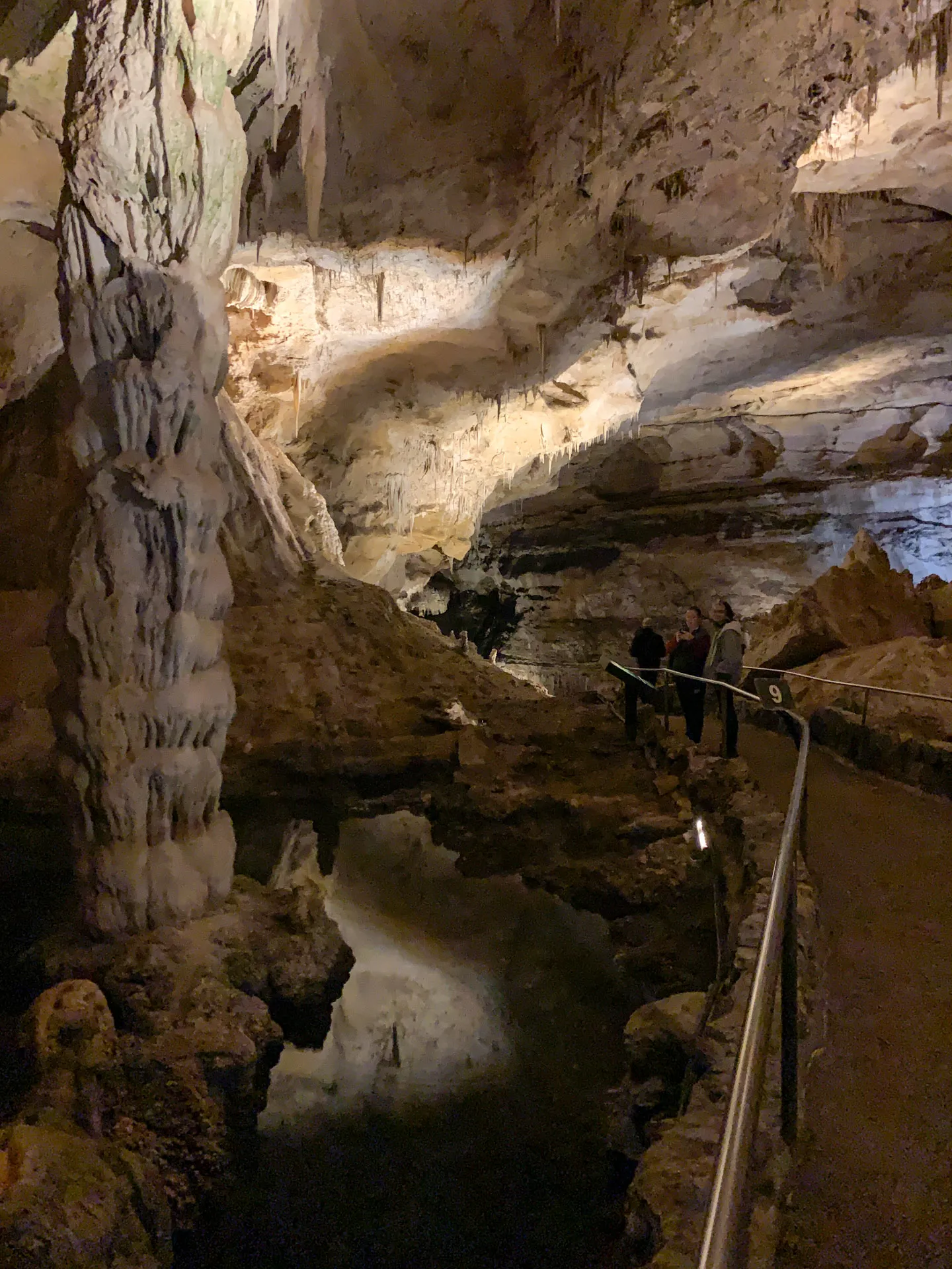 A cave scene featuring stalactites and stalagmites with a reflective pool of water on the cave floor. A metal railing lines the path, guiding a group of people exploring the dimly lit cavern. The ceiling displays intricate rock formations, illuminated by soft, warm lighting.