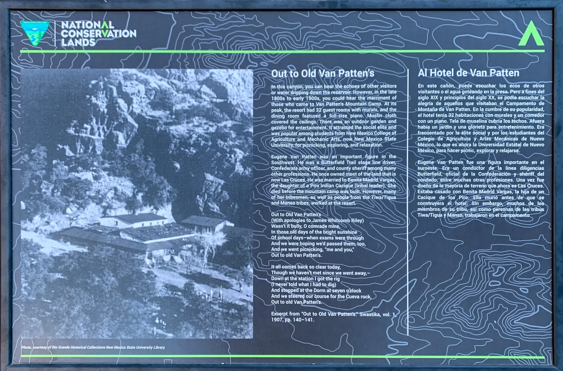 A detailed informational sign with a blue and white title "National Conservation Lands" and map graphics. It includes two text sections, "Out to Old Van Patten's" and "Al Hotel de Van Patten," with a black and white photo of a historic building surrounded by rocky terrain.