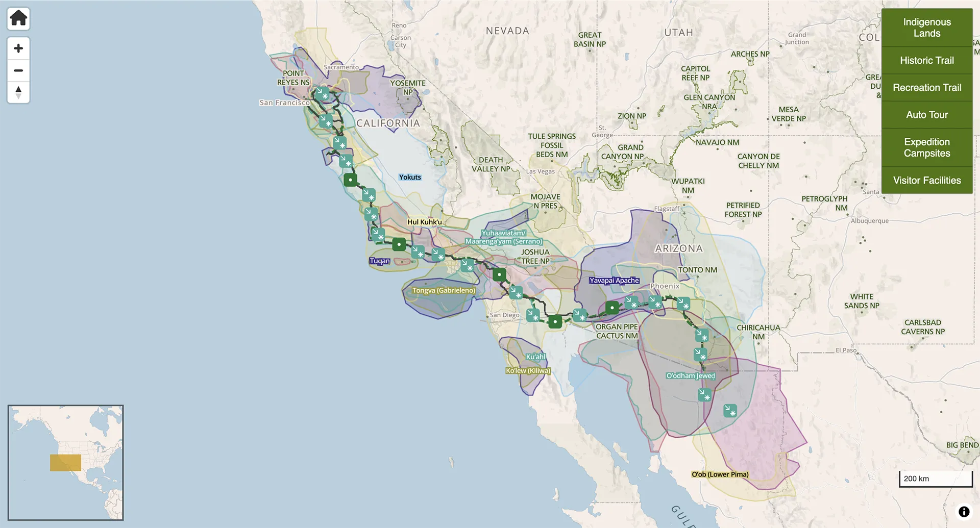 Map showing the Juan Bautista de Anza National Historic Trail from Nogales, Arizona, to San Francisco, California. Highlights include notable cities, recreation areas, visitor facilities, historical sites, and indigenous lands. Includes trail landmarks and auto tour routes.
