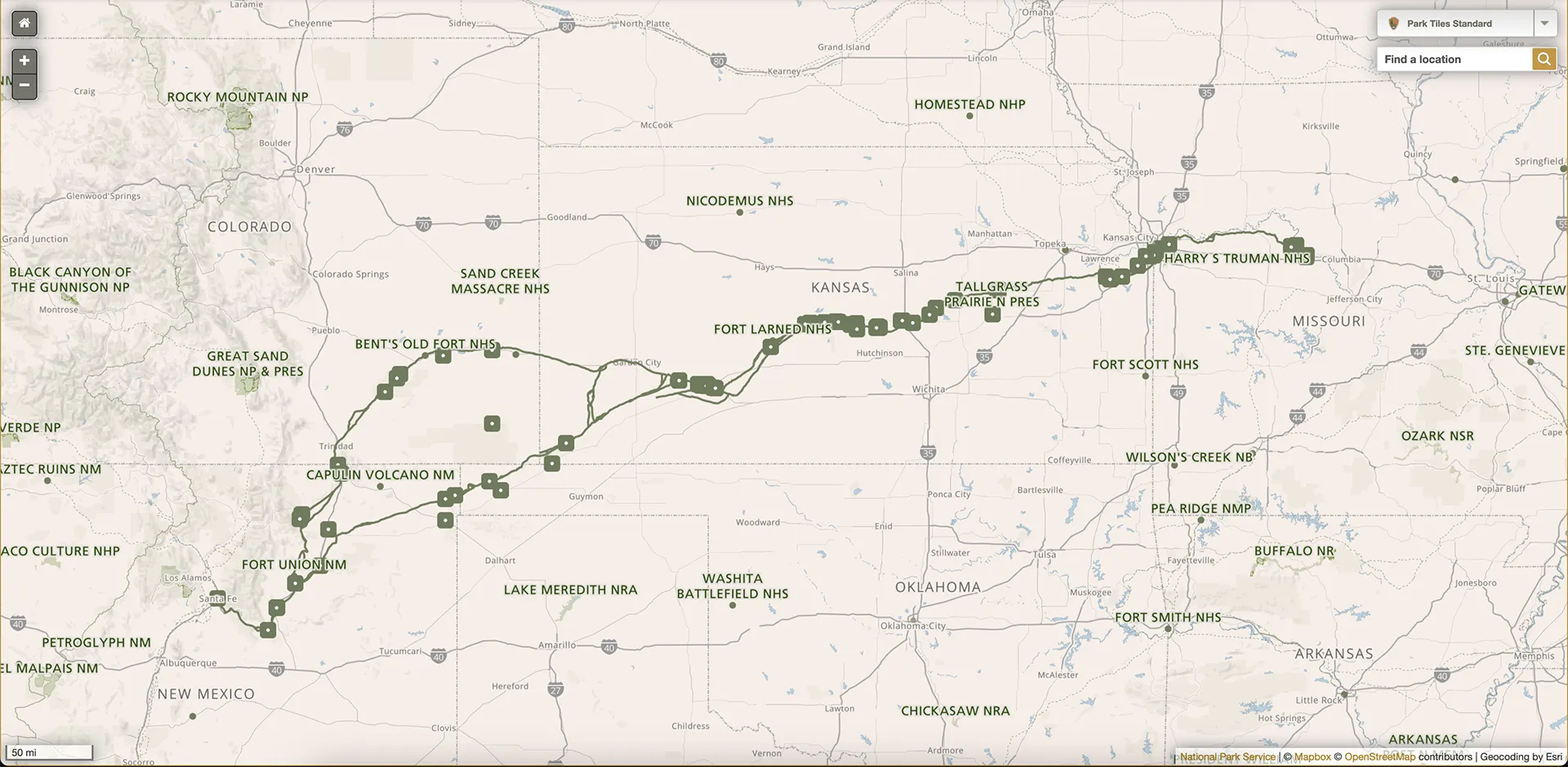 Map showing the Santa Fe Trail from New Mexico to Missouri. Key locations marked include Bent's Old Fort, Fort Larned, and Arrow Rock with notable landmarks like Capulin Volcano and Cimarron. Highways and state boundaries for New Mexico, Colorado, Kansas, Oklahoma, and Missouri are visible.