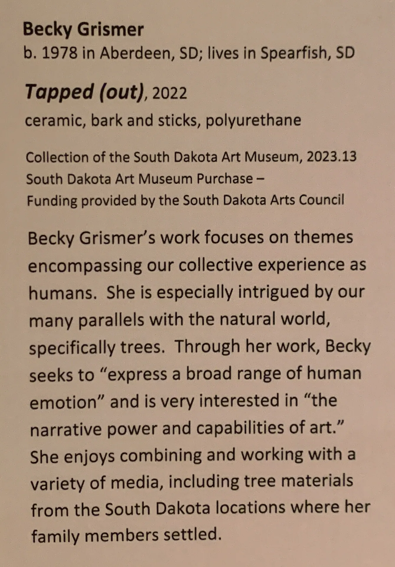 Text describing Becky Grismer’s artwork exhibit. It includes her birth year and place: 1978, Aberdeen, SD, and current residence: Spearfish, SD. The piece is titled "Tapped Out" (2022) using ceramic, bark, and sticks with polyurethane, part of South Dakota Art Museum’s collection.