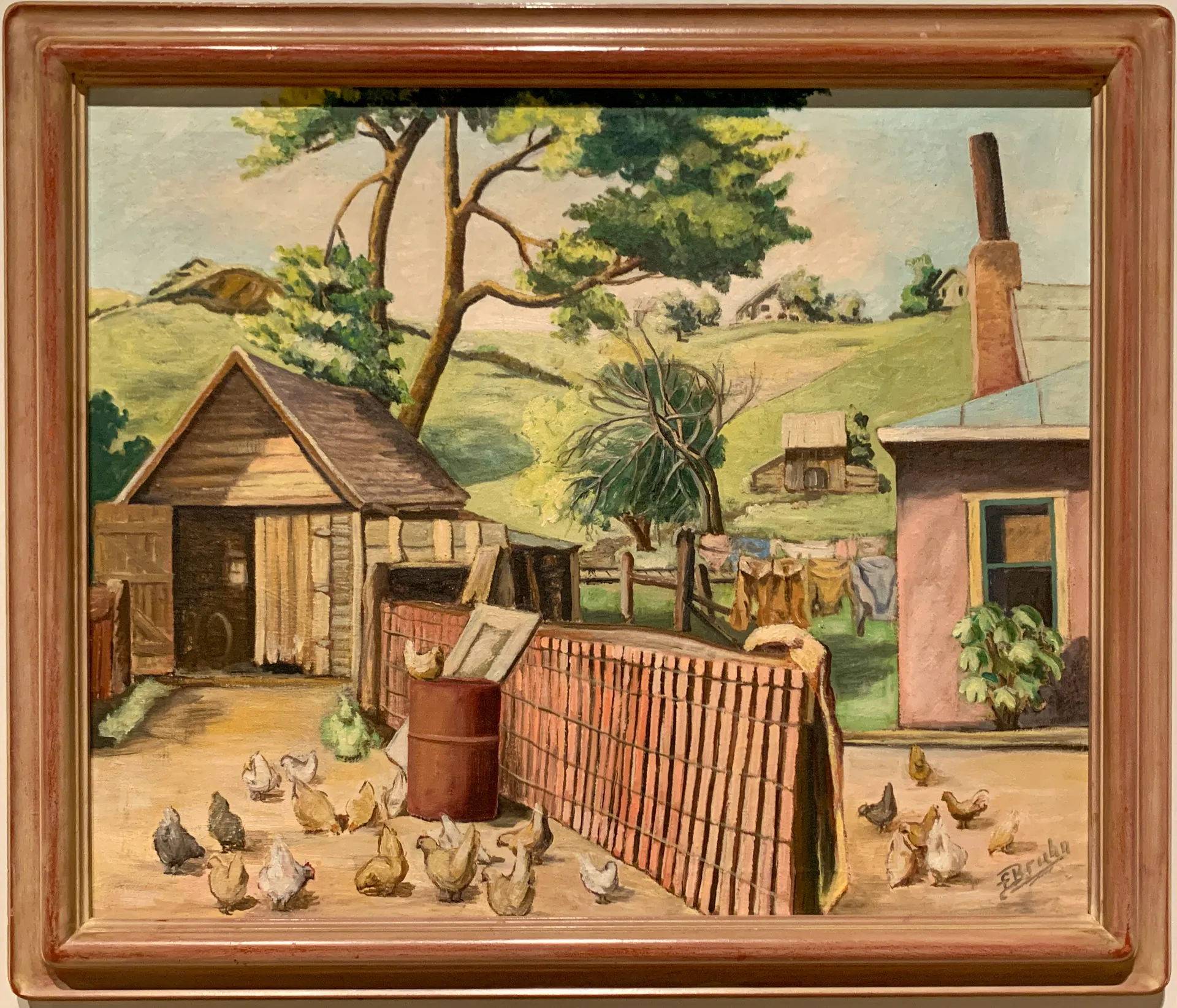 A rural scene painting features chickens wandering near a wooden shed and a red barrel. A wire fence surrounds the area, and laundry hangs on a line. In the background, rolling hills and trees are visible under a light blue sky. A pink building with a chimney is on the right.