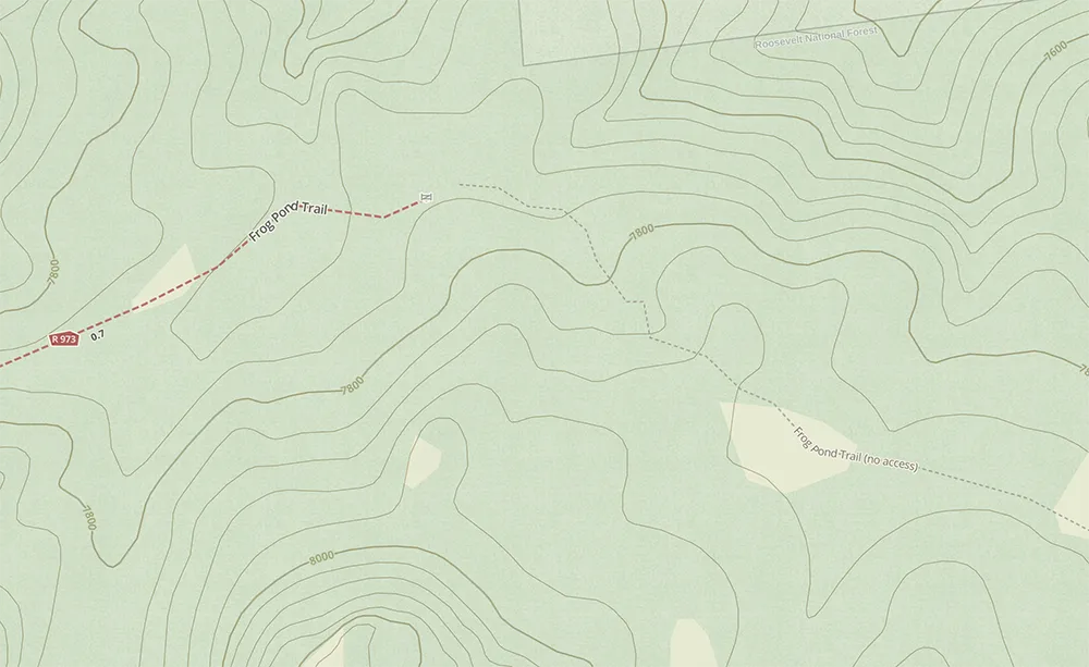 Topographic map with green shaded elevation, sparse forest, and trailhead marker 137. Dashed red and gray hiking trails labeled “Ridge Trail” and “Flint Ridge Trail no access” meet near 2100 ft between Mount Margaret and Frog Pond at Trail’s End.