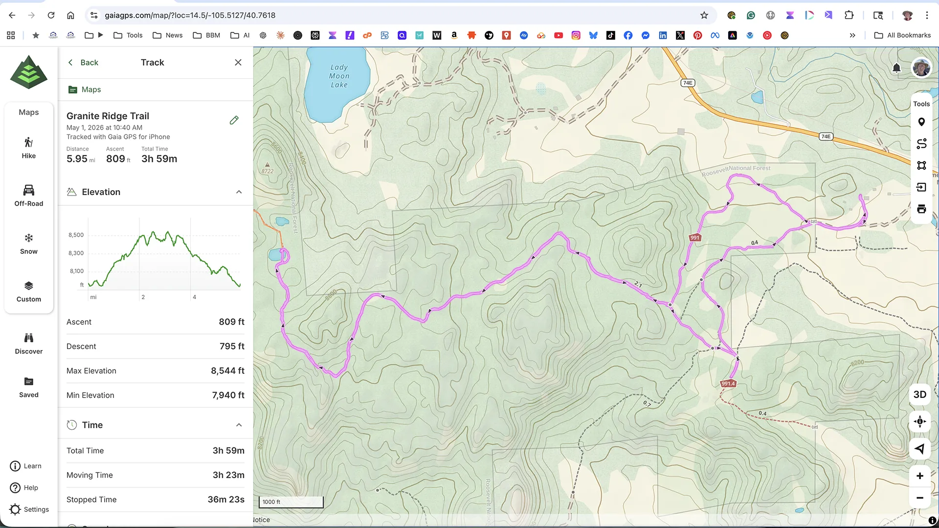 A topographic trail map on a computer screen shows a purple hiking route through hilly terrain in Roosevelt National Forest, with contour lines, roads, and a small lake. At left, stats and elevation changes for the "Granite Ridge Trail" are displayed.