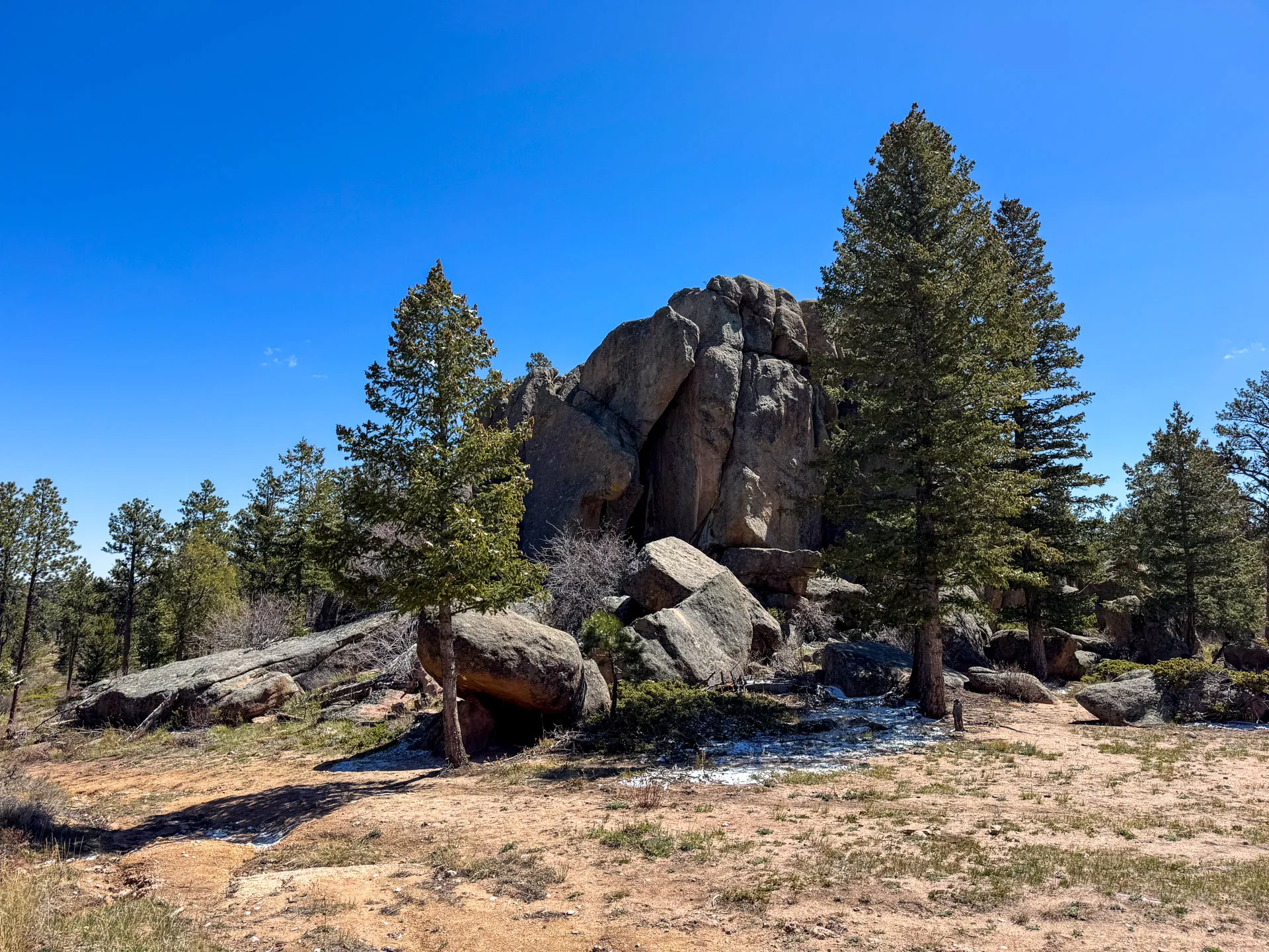 A rocky outcrop surrounded by tall pine trees under a clear blue sky along the Granite Ridge Trail. The ground is a mix of dirt, grass, and melting snow, with sunlight casting shadows that highlight the textured landscape perfect for hiking.