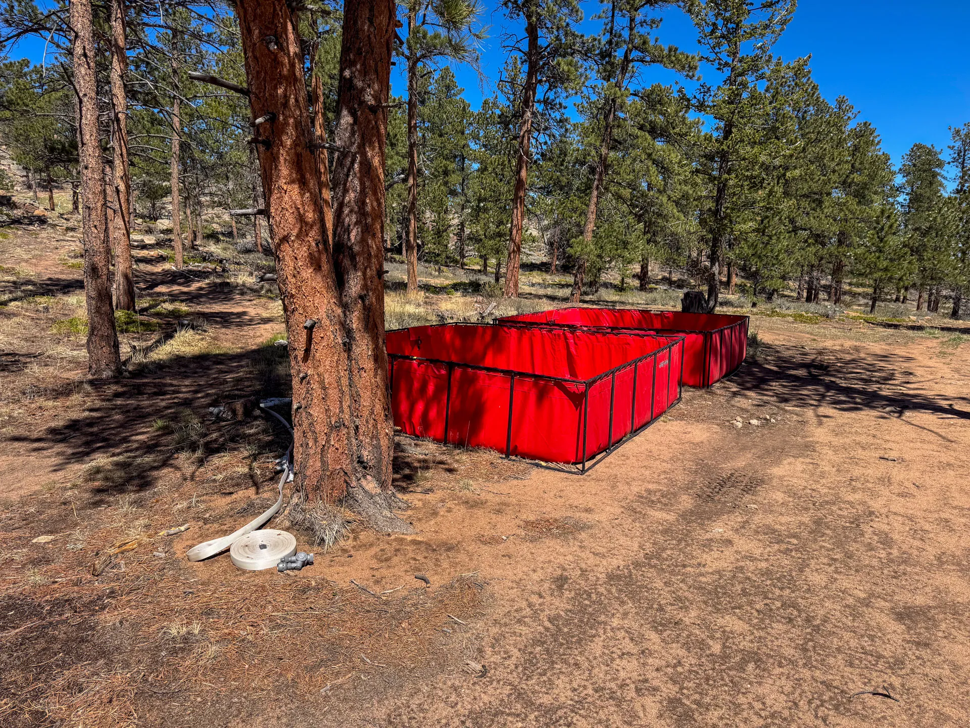 A bright red portable water tank sits on dry, brown dirt among tall pine trees in Roosevelt National Forest. A white hose and a round, white object rest at the base of a tree as sunlight casts shadows—perfect scenery for a hiking break.